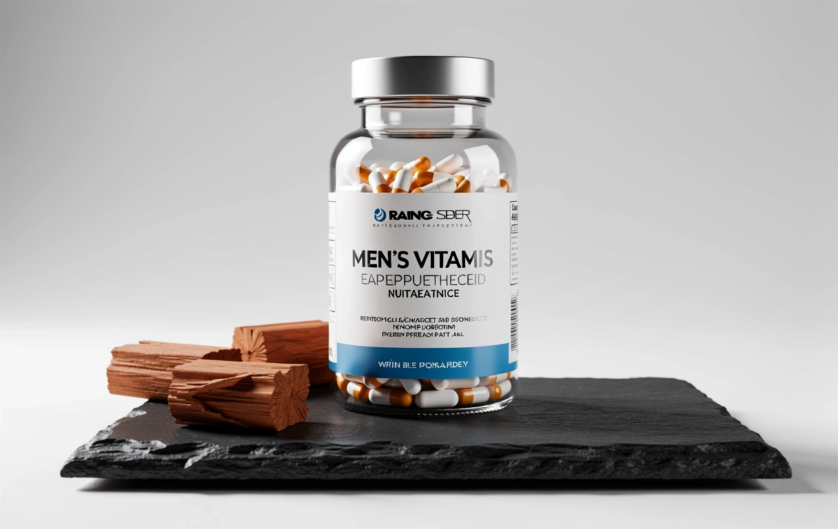 Luxury supplement packaging on slate